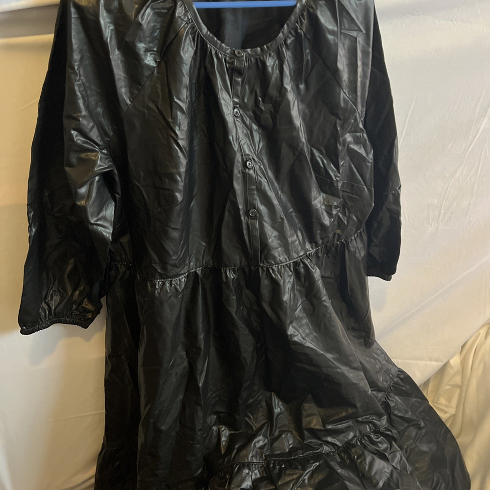 Chicos Faux Leather Black  Tiered Button Up Dress Size 2 NWOT W/ Pockets